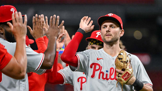Sep 16, 2023; St. Louis, Missouri, USA; Philadelphia Phillies shortstop Trea Turner (7) celebrates with teammates after the Phillies defeated the St. Louis Cardinals at Busch Stadium. Mandatory Credit: Jeff Curry-USA TODAY Sports  