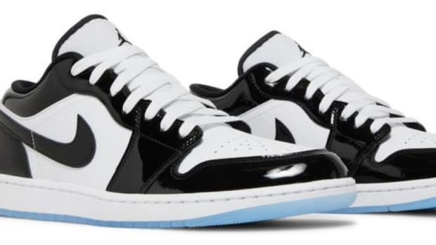 View of white and black Air Jordan shoes.