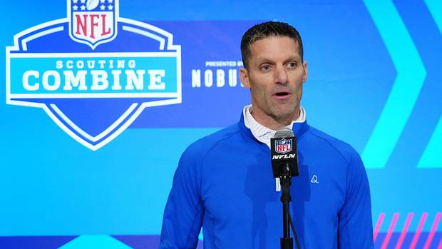 Texans general manager Nick Caserio speaks at a press conference at the NFL Scouting Combine at Indiana Convention Center.