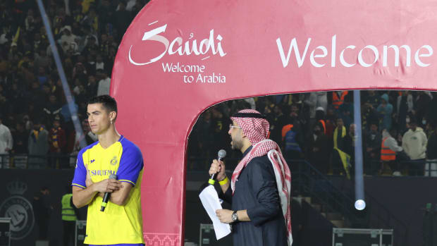 Cristiano Ronaldo pictured (left) during his official unveiling as an Al Nassr player in January 2023
