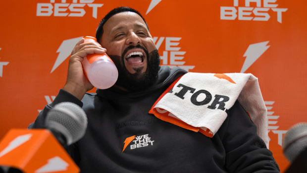 DJ Khaled poses for a picture at a Gatorade press conference.