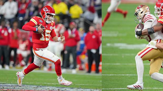 Patrick Mahomes and Brock Purdy during Super Bowl LVIII.