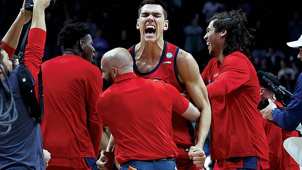 Florida Atlantic Owls center Vladislav Goldin reacts to defeating the Memphis Tigers at Nationwide Arena.