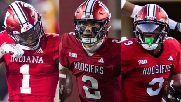 Indiana's Donaven McCulley (1), Tayven Jackson (2) and Omar Cooper Jr. (3) have played key roles for the Hoosiers in 2023.