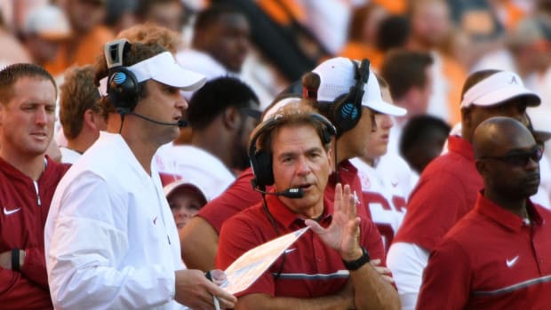 Alabama head coach Nick Saban and Lane Kiffin on sidelines during first half action against Tennessee in Neyland Stadium Saturday, Oct. 15, 2016 in Knoxville, Tenn. Bama Saban And Kiffin 2016