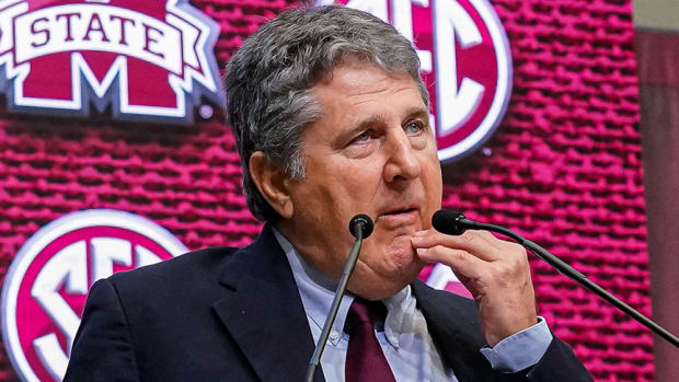 Mississippi State coach Mike Leach shown on the stage during SEC Media Days at the College Football Hall of Fame.