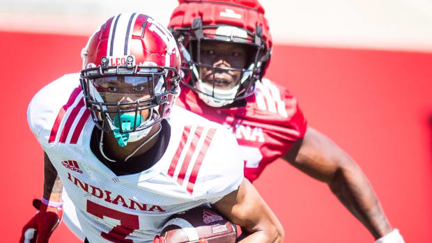 Indiana's E.J. Williams (7) runs after the catch during Indiana football's Spring Football Saturday event at Memorial Stadium on Saturday, April 15, 2023.