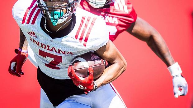 Indiana's E.J. Williams (7) runs after the catch during Indiana football's Spring Football Saturday event at Memorial Stadium on Saturday, April 15, 2203.