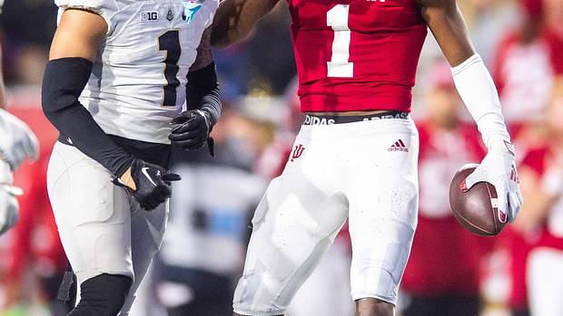 Indiana's Donaven McCulley (1) celebrates a first down during the second half of the Indiana versus Purdue football game at Memorial Stadium on Saturday, Nov. 26, 2022.