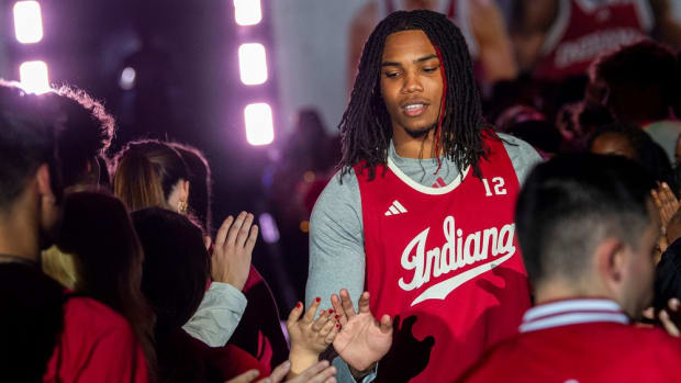 Indiana's Jakai Newton is announced during Hoosier Hysteria at Simon Skjodt Assembly Hall on Friday, October 20, 2023.
