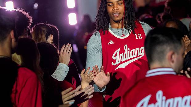 Indiana's Jakai Newton is announced during Hoosier Hysteria at Simon Skjodt Assembly Hall on Friday, October 20, 2023.
