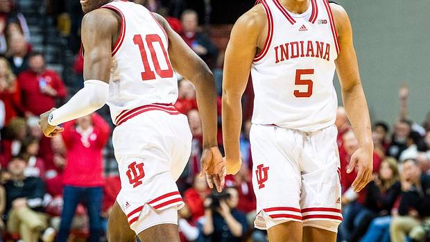 Indiana's Malik Reneau (5) celebrates Kaleb Banks (10) dunk during the first half of the Indiana versus Purdue men's basketball game at Simon Skjodt Assembly Hall on Saturday, Feb. 4, 2023.