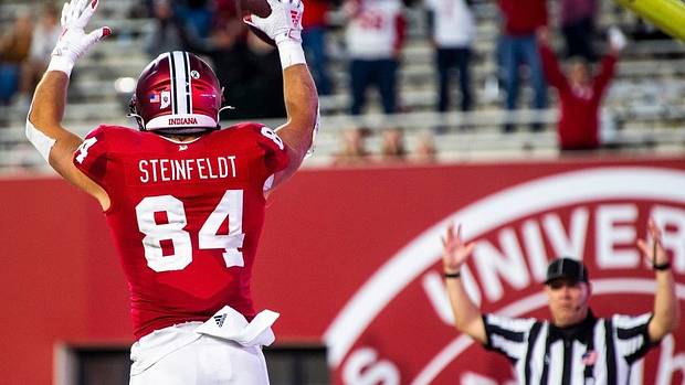 Indiana's Aaron Steinfeldt (84) celebrates his touchdown during the Indiana versus Maryland football game at Memorial Stadium on Saturday, Oct. 15, 2022.