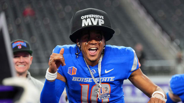 Boise State Broncos quarterback Taylen Green (10) reacts after being named the most valuable offensive player after 44-20 victory over the UNLV Rebels in the Mountain West Championship at Allegiant Stadium.