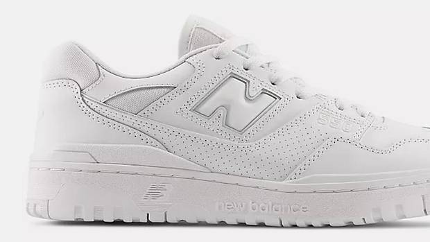 View of white New Balance shoe.