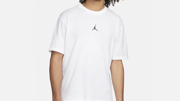 View of white and black Jordan t-shirt.