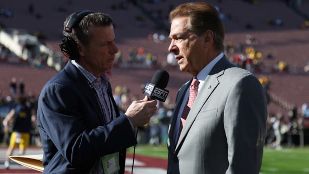 Alabama Crimson Tide head coach Nick Saban talks to the media before the 2024 Rose Bowl college football playoff semifinal game against the Michigan Wolverines at Rose Bowl.