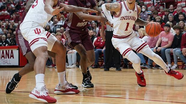 Indiana Hoosiers guard Jalen Hood-Schifino (1) drives to the basket during the first half at Simon Skjodt Assembly Hall.