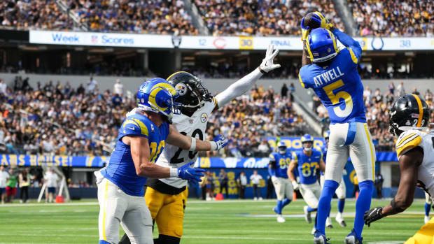 Oct 22, 2023; Inglewood, California, USA; Los Angeles Rams wide receiver Tutu Atwell (5) catches a touchdown pass against the Pittsburgh Steelers in the first half at SoFi Stadium. Mandatory Credit: Kirby Lee-USA TODAY Sports