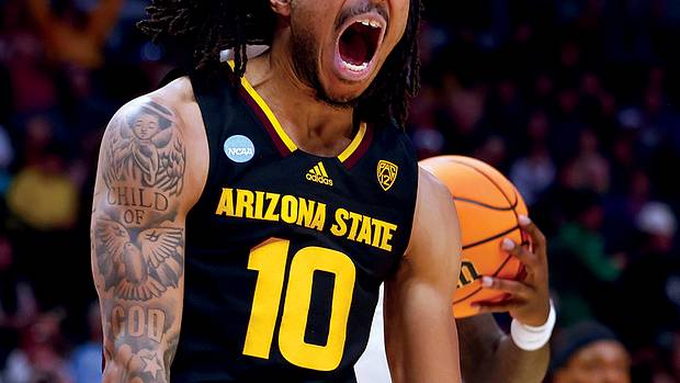 Arizona State Sun Devils guard Frankie Collins reacts after a dunk against the TCU Horned Frogs during the second half at Ball Arena.