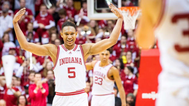 Indiana's Malik Reneau (5) celebrates during the second half of the Indiana versus Michigan State men's basketball game at Simon Skjodt Assembly Hall on Sunday, Jan. 22, 2023.