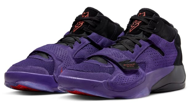 Purple and black Jordan Zion 2 shoes.
