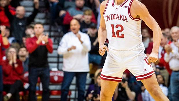 Indiana's Miller Kopp (12) reacts after making a three-pointer during the first half ot the Indiana versus Northwestern men's basketball game at Simon Skjodt Assembly Hall on Sunday, Jan. 8, 2023.