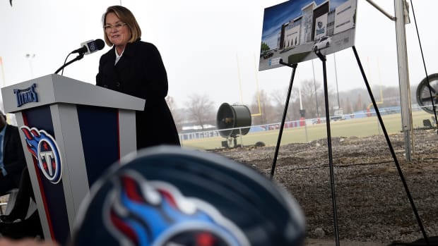 Tennessee Titans owner Amy Adams Strunk addresses attendees during a groundbreaking ceremony for the expansion of its practice facility and corporate offices at Saint Thomas Sports Park Friday, Dec. 13, 2019 in Nashville, Tenn.