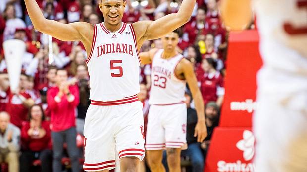 Malik Reneau (5) celebrates during the second half of Indiana versus Michigan State.