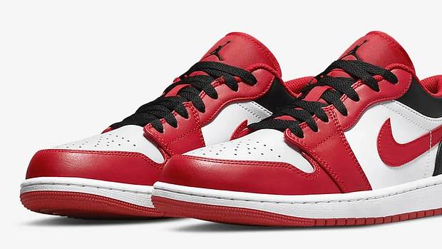 View red, black, and white Jordan shoes.