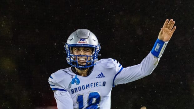 Bloomfield High School (Colorado) quarterback celebrates a big play.