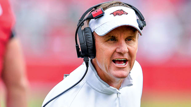 Former Arkansas coach Chad Morris tries to have his voice heard on the sideline during the tumultuous 2019 season that led to his firing.