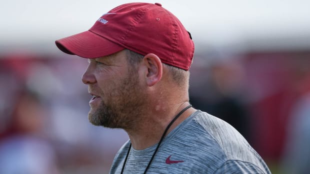 Arkansas Razorbacks defensive coordinator Barry Odom during practice Tuesday on the outdoor field at the football center in Fayetteville.