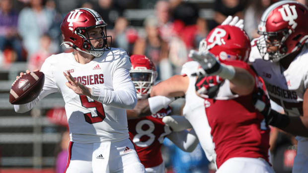 Indiana Hoosiers quarterback Connor Bazelak (9) drops back to pass against the Rutgers Scarlet Knights during the first half at SHI Stadium.
