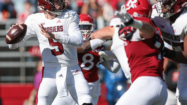 Indiana Hoosiers quarterback Connor Bazelak (9) drops back to pass against the Rutgers Scarlet Knights during the first half at SHI Stadium.