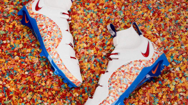 LeBron James' white and orange Nike cleats in Pebbles cereal.