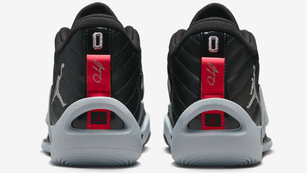 Rear view of Jayson Tatum's black and grey Jordan Brand shoes.