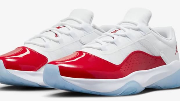 White and red Air Jordan sneakers.