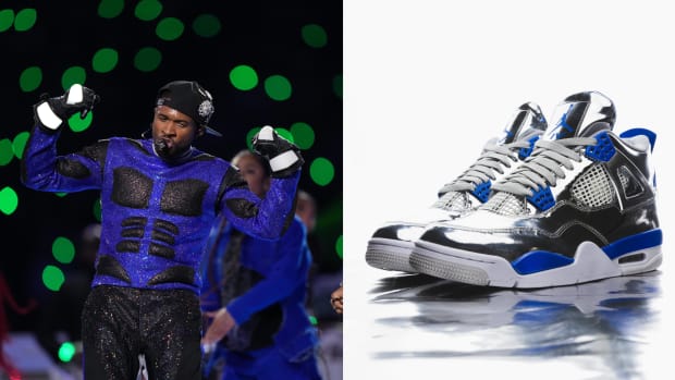 A detailed look at the silver Air Jordan sneakers worn by Usher in the Super Bowl LVIII halftime show.