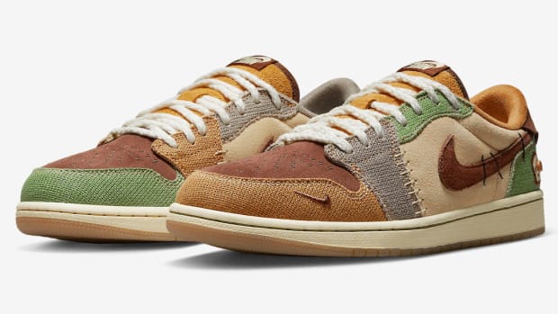 Brown and green Air Jordan shoes.