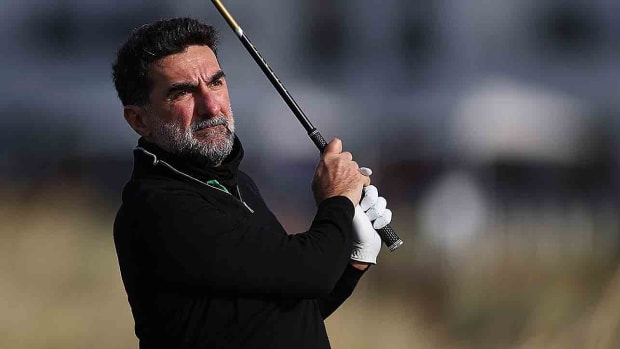 LIV Golf chairman Yasir Al-Rumayyan tees off during the 2023 Alfred Dunhill Links Championship at Carnoustie Golf Links in St. Andrews, Scotland.