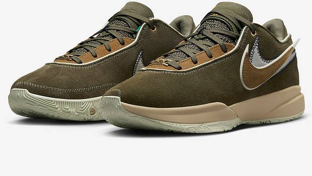 View of olive and brown LeBron shoes.
