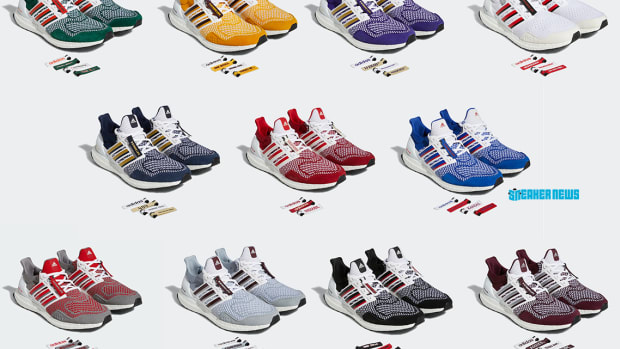 View of 11 pairs of adidas shoes.