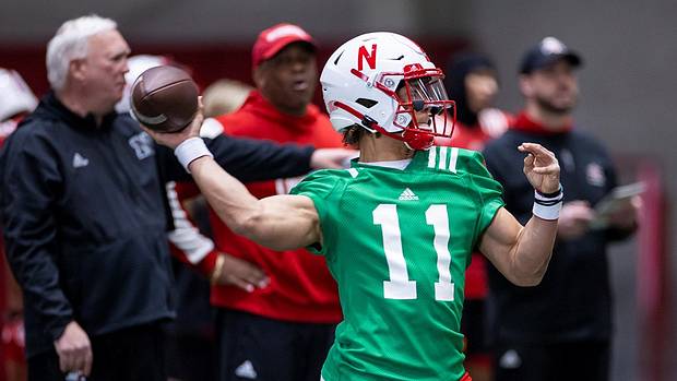 Casey Thompson makes a throw during Monday's practice. Go here for a full gallery at Huskers.com.
