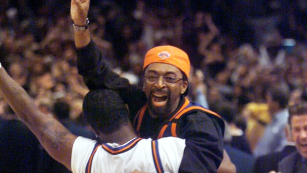 Spike Lee reacts to the Knick last second win in the Conference final game at Madison Square Garden in NYC Saturday.