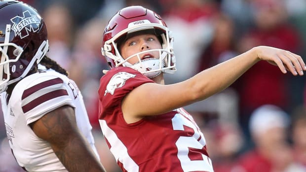 Razorbacks kicker Cam Little watches a field goal against Mississippi State last November at Razorback Stadium. Little's accuracy in the kicking game was the difference as the Bulldogs missed several field goals and still almost won.