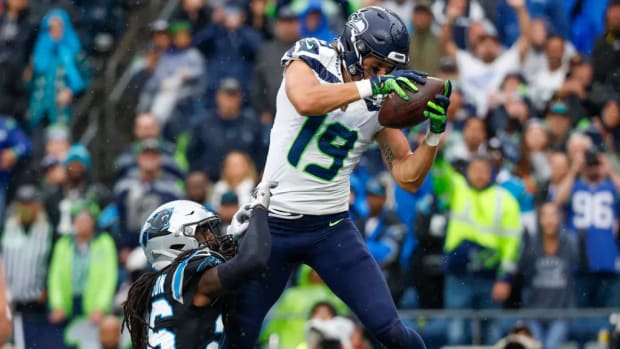 Seattle Seahawks rookie receiver Jake Bobo catches a touchdown against the Carolina Panthers.