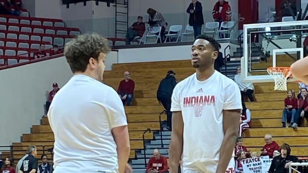 Indiana junior forward Jordan Geronimo goes through pregame warmups prior to the Hoosiers' 4 p.m. ET tipoff against No. 1 Purdue on Saturday at Simon Skjodt Assembly Hall in Bloomington, Ind. 