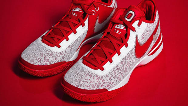 LeBron James' red and white Ohio State Buckeyes basketball shoes.