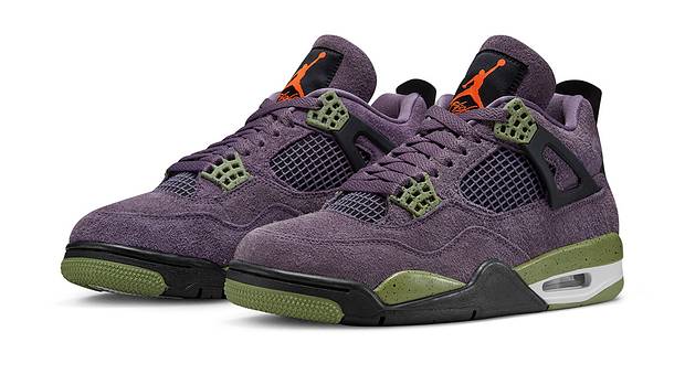 Purple and green Jordan 4 shoes.
